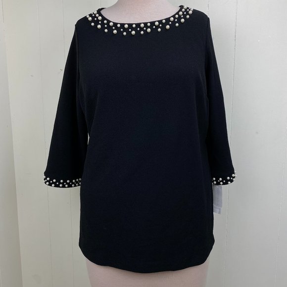 NWT Charter Club Black Blouse w/ Faux Pearls 3X - Picture 1 of 7